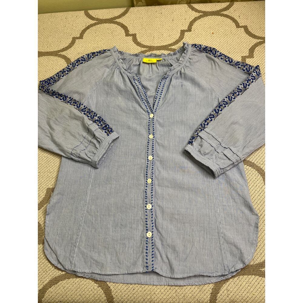 Roller Rabbit Womens Top Blue Striped V Neck Blouse Floral 3/4 Sleeve, Size XS - Picture 12 of 14